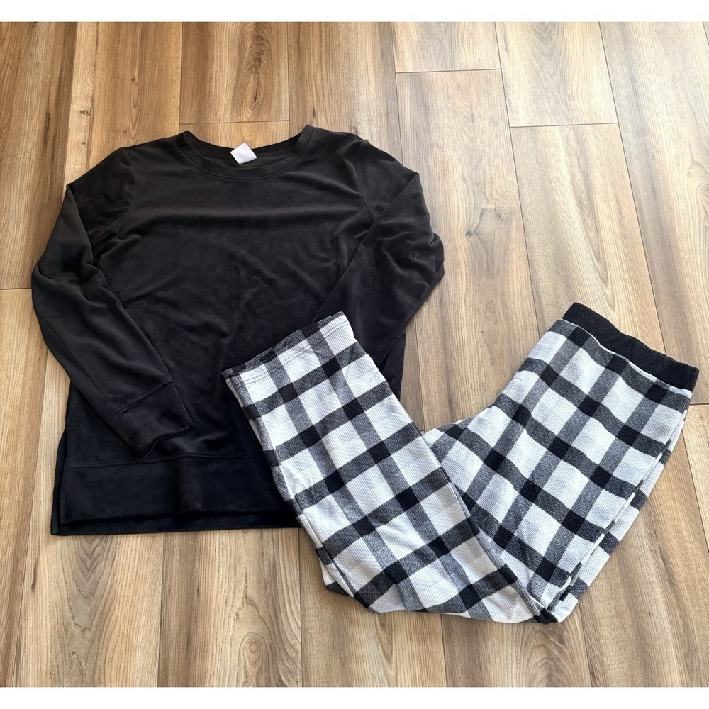 Jockey Women's Pajamas PJs Black White‎ Plaid Velour Top Large Soft